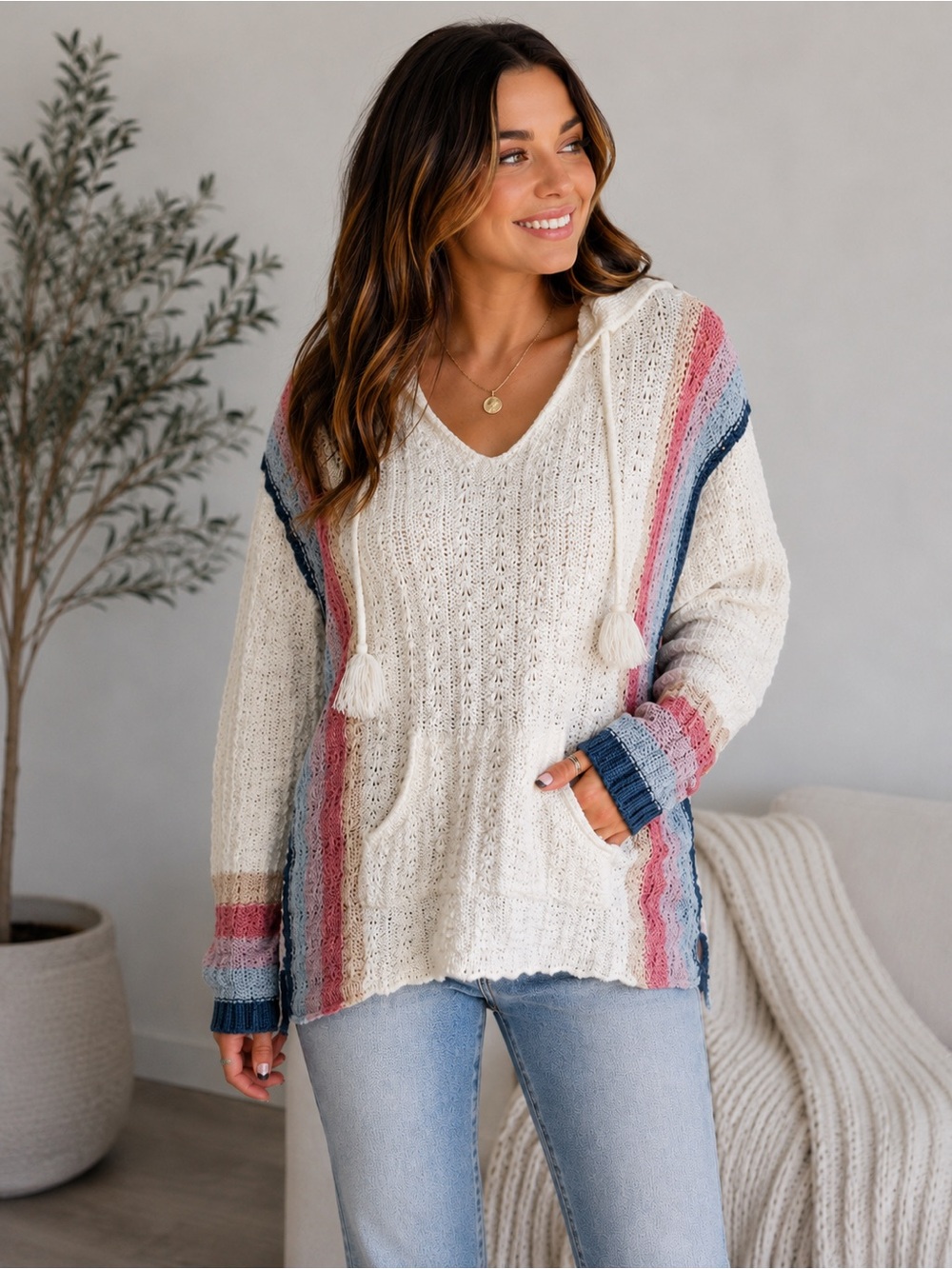 American Rag Cream V-Neck Hoodie Sweater with Pink & Blue Stripes